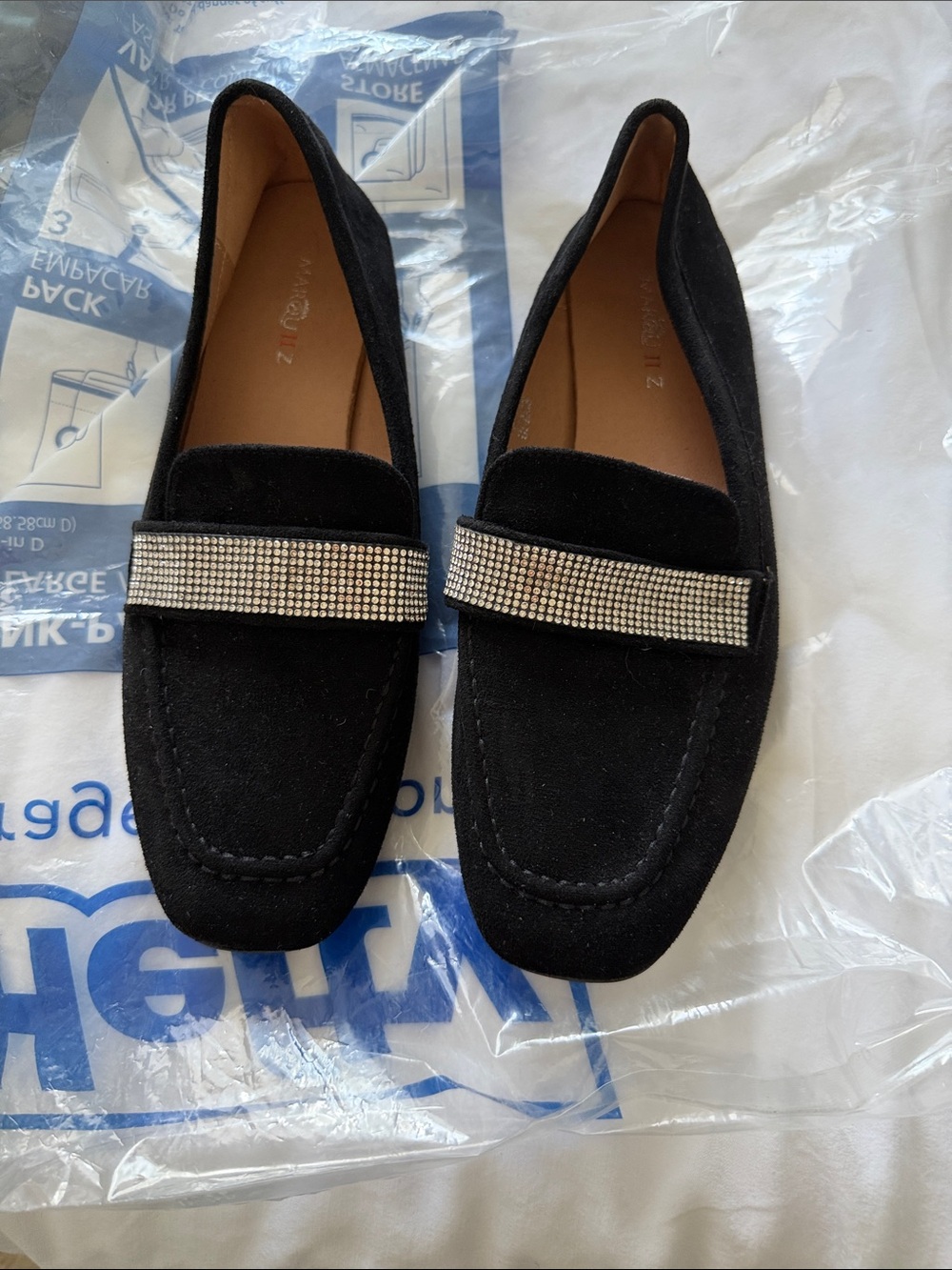 Black Suede Loafers with Rhinestone Strap - women’s